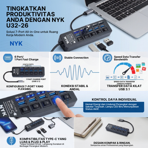 NYK USB HUB 7 PORT USB 3.1 With Type C Portable Fast Charging U3226 COD HUB bergaransi Docking Station Data transfer Mobile phone macbook android ipho (3)