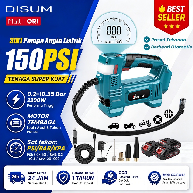 VICTOOL Pompa Ban Motor Elektrik 150PSI 2200W Pompa Angin Listrik Mini Portable Lampu Pump Digital Layar Dan Mobil Sepeda Balon