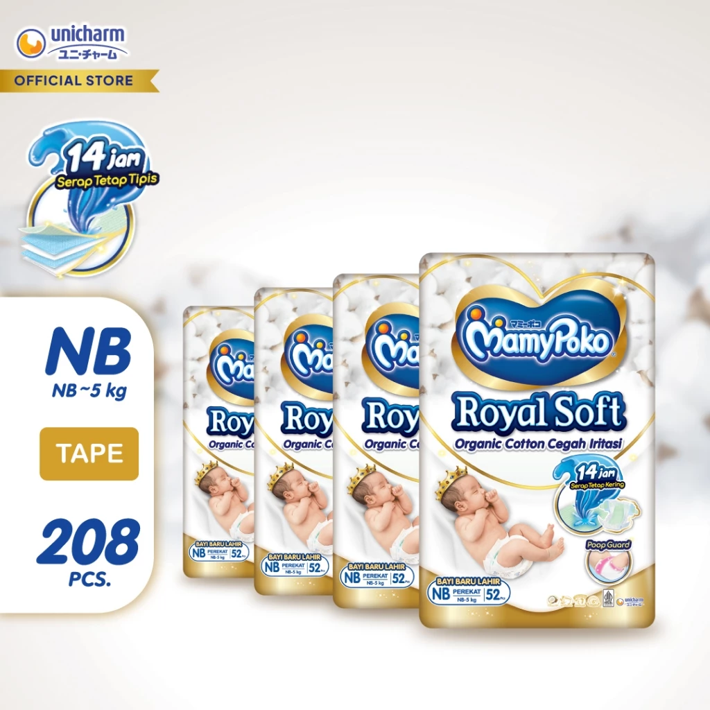 MamyPoko Royal Soft Organic Cotton - NB 52 - Popok Perekat Bayi Baru Lahir - 4 Packs - foto 1
