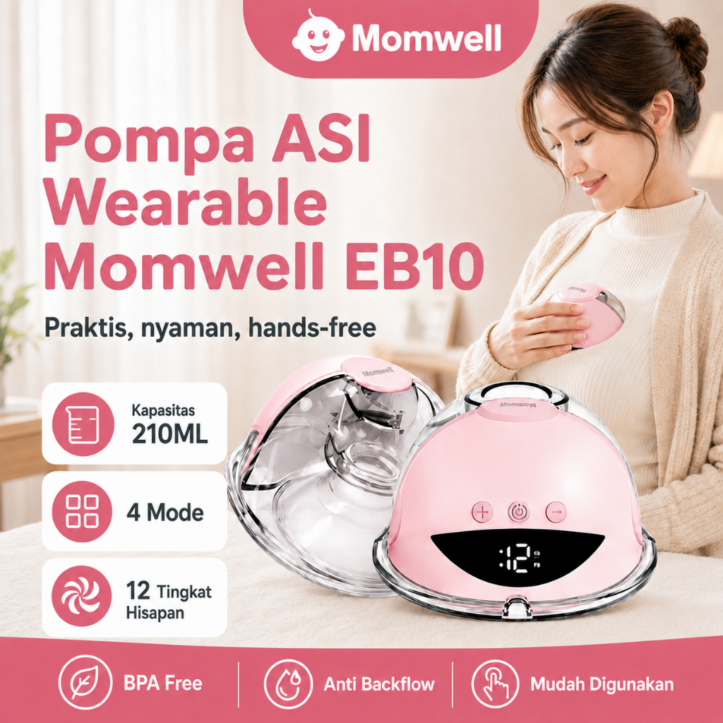 Momwell Pompa ASI Wearable Elektrik Hands Free BPA Free 4 Mode 12 Level Silent USB Type C Anti Bocor EB10
