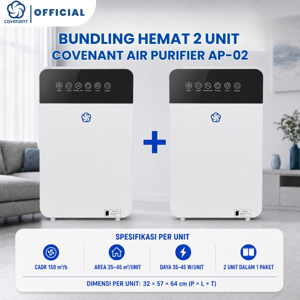 Covenant BUNDLING Hemat 2 Unit Air Purifier AP-02 Pembersih Udara Ruangan dengan HEPA Filter 13 dengan Karbon Aktif PM2.5 dan Remote Touch Screen Untuk Kamar Rumah Kantor 35-45m2 Anti Debu Bau Alergen Bulu Hewan Kucing Low Watt 40W