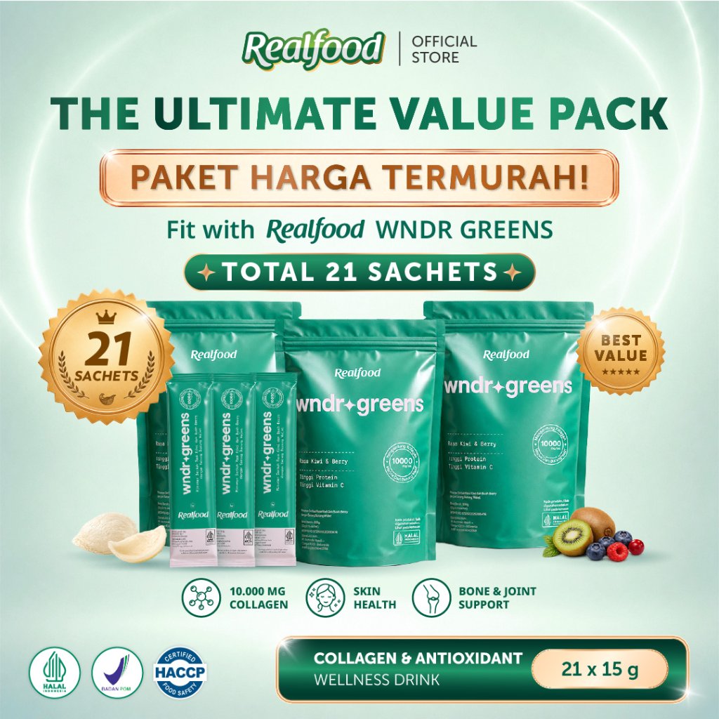 Realfood WNDRGREENS Triple Pouch | Super Green Super Collagen Drink | Collagen 10000mg | Bird's Nest | Astaxanthin | Spirulina | Glutathione | Vitamin C | Chlorophyll | Green Tea EGCG | Multivitamin Greens | Skin Gut Immunity