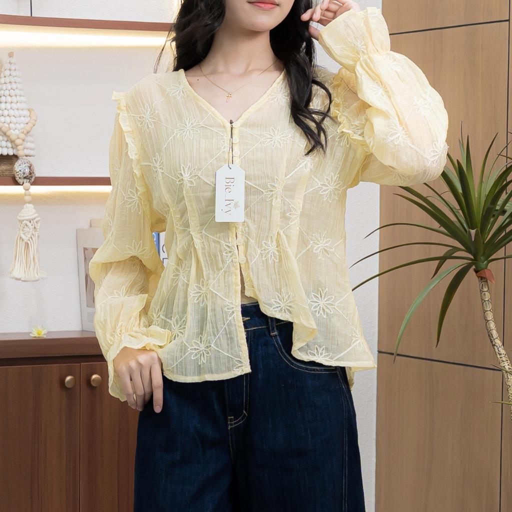 Bie Ivy | Ara Blouse - Atasan Wanita Bordir Bunga V-Neck | Lengan Panjang Ruffle Korean Style Premium | E.279