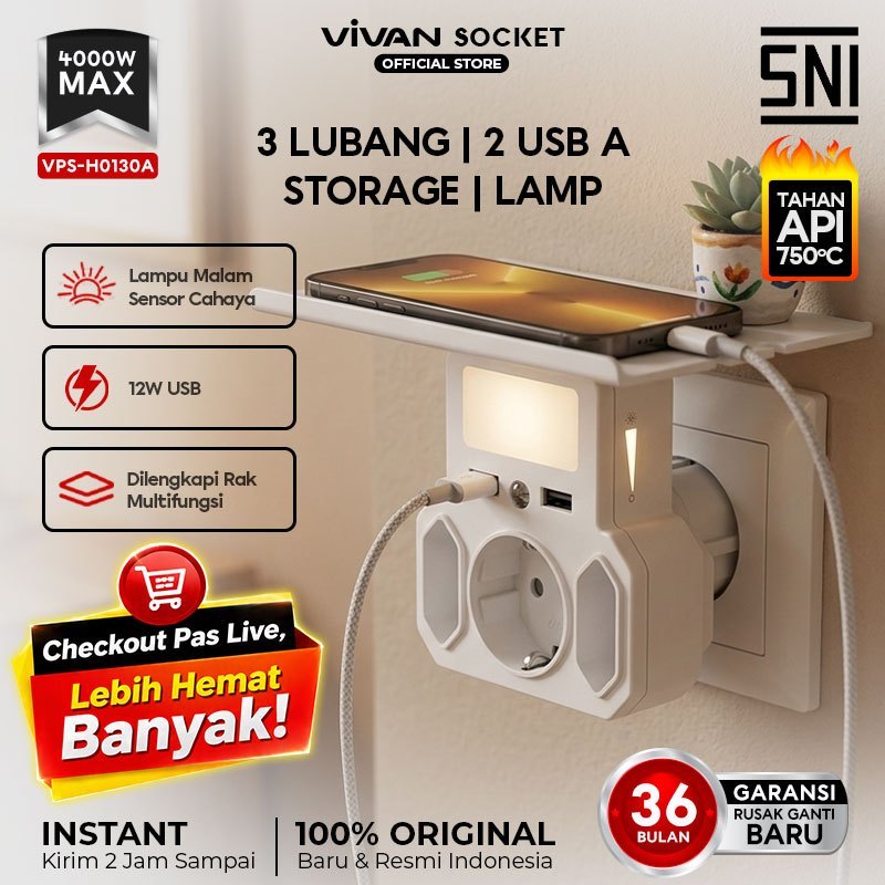 [Stop Kontak Lampu Tidur] 7 in 1 VIVAN Safety Socket T Multi Arde Rak Multifungsi 2 USB Charger Lampu Sensor SNI Child Safety Garansi 36 Bulan