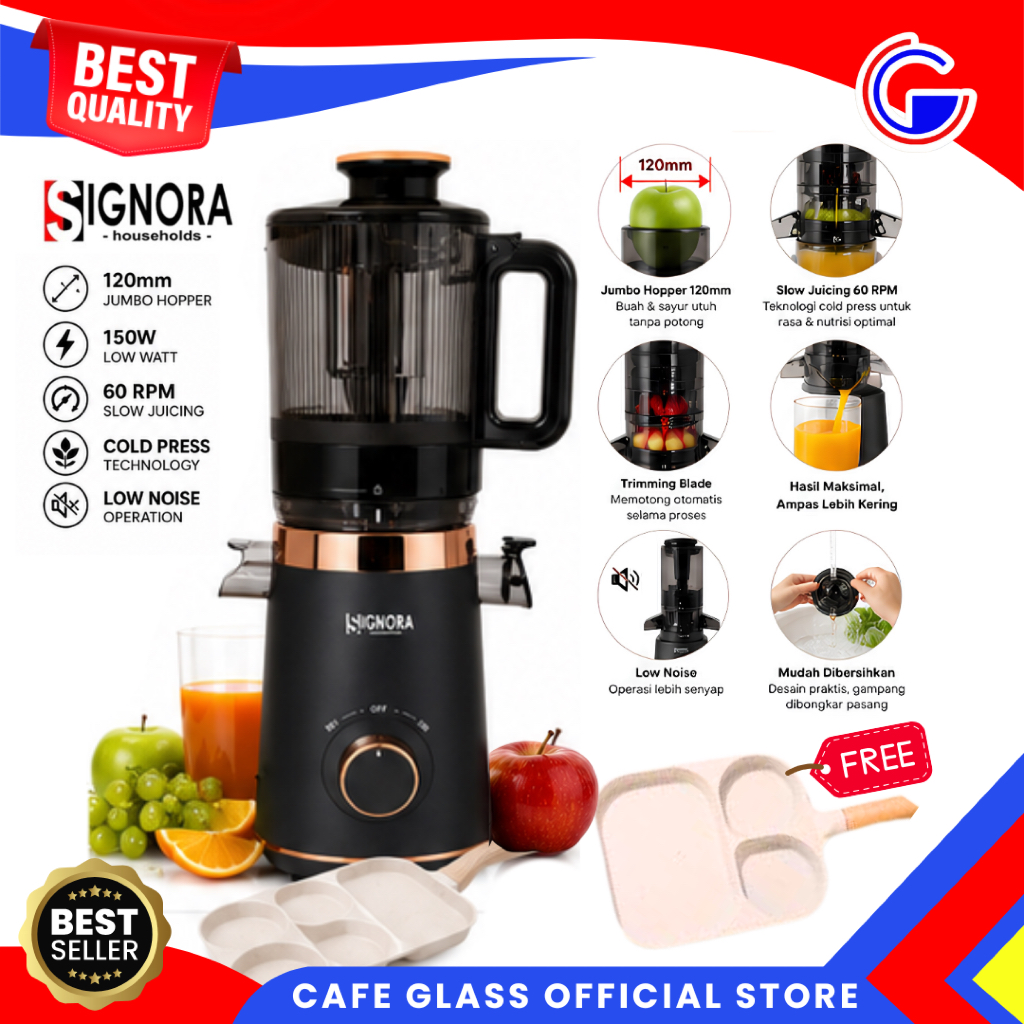 [Gift] Signora Slow Juicer Jumbo Feed 120mm - Cold Pressed Low Watt - Blender Jus Buah Tanpa Ampas