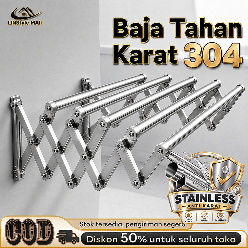 Jemuran Baju Dinding Stainless Steel Jemuran Lipat Dinding 200/180/150/120/100CM Jemuran Baju Pakaian