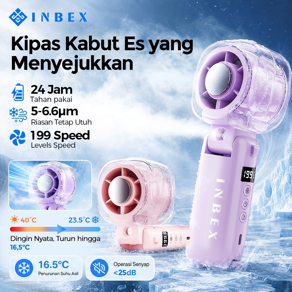 INBEX IF04 Kipas Angin Portable Ice Mist Mini Genggam Lipat Pendingin Semikonduktor Kabut Nano 199 Level Angin Tanpa Tahap Motor Brushless 24 jam baterai  Layar Digital USB Type-C Multifungsi Kipas Mini Portabel untuk Outdoor Kantor Konser