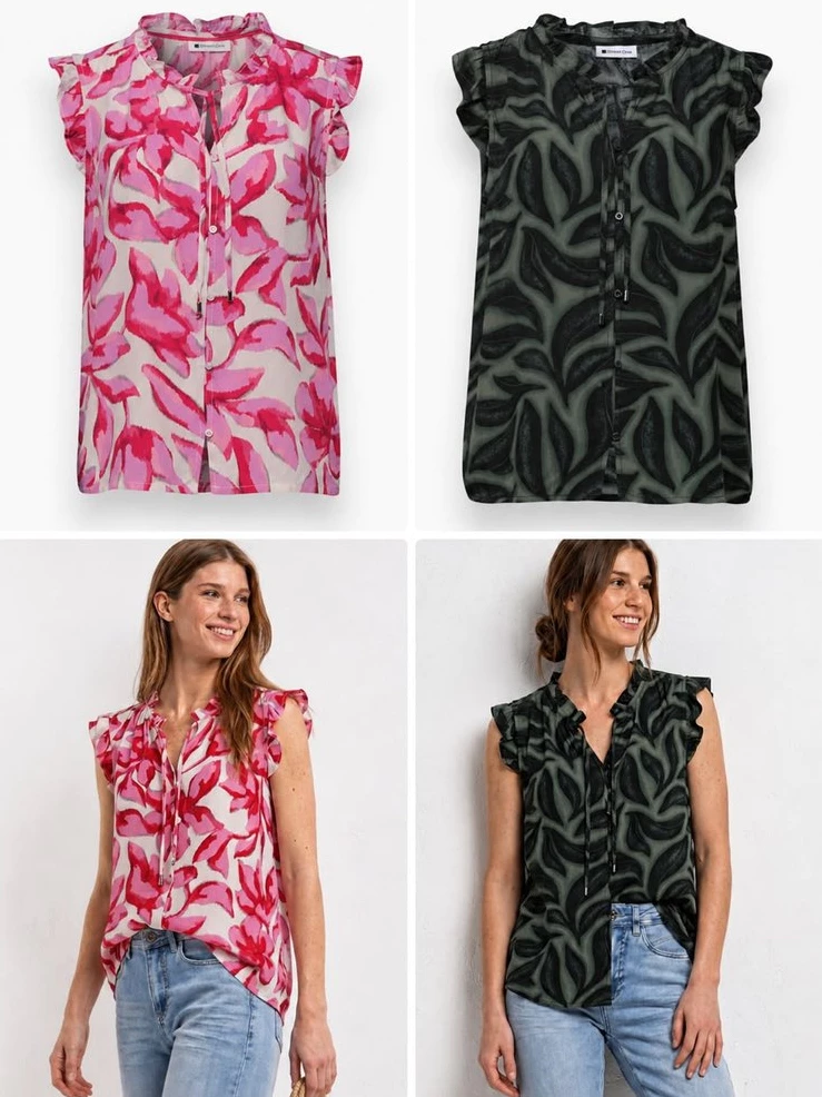 Street One Bluse Top With Split Neck And Ruffles - 3183