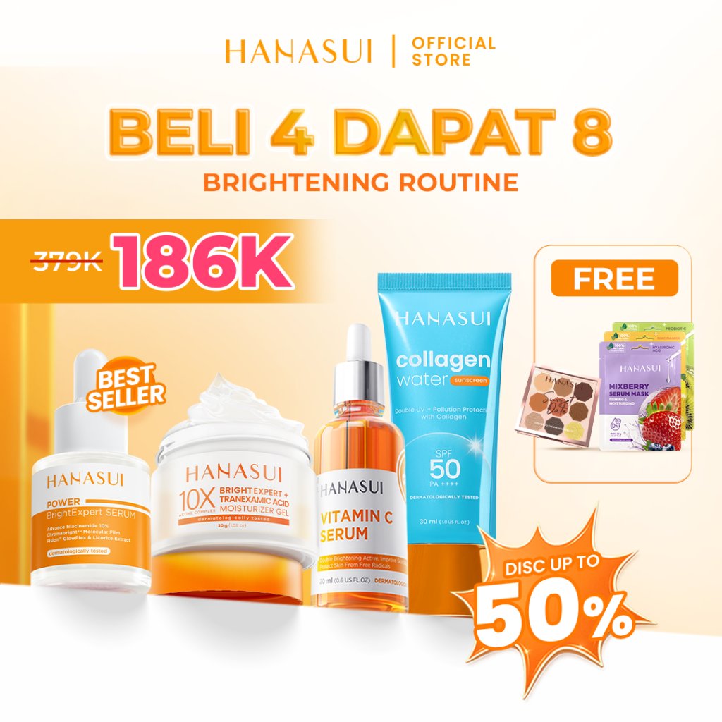 [BELI 4 DAPAT 8] HANASUI Brightening Routine - Paket Skincare Isi Brightening Serum Vitamin C Serum Moisturizer Sunscreen SPF50 GRATIS Sheet Mask & Body Serum Mencerahkan Kulit Kusam, Memudarkan Flek Hitam, Meratakan Warna Kulit, Melembapkan & Glowing