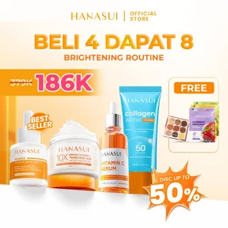 [BELI 4 DAPAT 8] HANASUI Brightening Routine - Paket Skincare Isi Brightening Serum Vitamin C Serum Moisturizer Sunscreen SPF50 GRATIS Sheet Mask & Body Serum Mencerahkan Kulit Kusam, Memudarkan Flek Hitam, Meratakan Warna Kulit, Melembapkan & Glowing