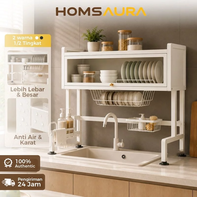 Homsaura Rak Piring Wastafel Tertutup 2 Susun Rak Piring Minimalis Rak Cuci Piring Stainless Anti Karat