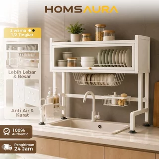Homsaura Rak Piring Wastafel Tertutup 2 Susun Rak Piring Minimalis Rak Cuci Piring Stainless Anti Karat