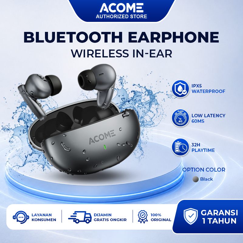 ACOME TWS GAMING T8 TWS ANTI DELAY LOW LATENCY 60 MS / Headset Wireless Earphone Bluetooth 5.3 IPX5 Waterproof Latensi Rendah 60ms Original - Garansi Resmi 1 Tahun
