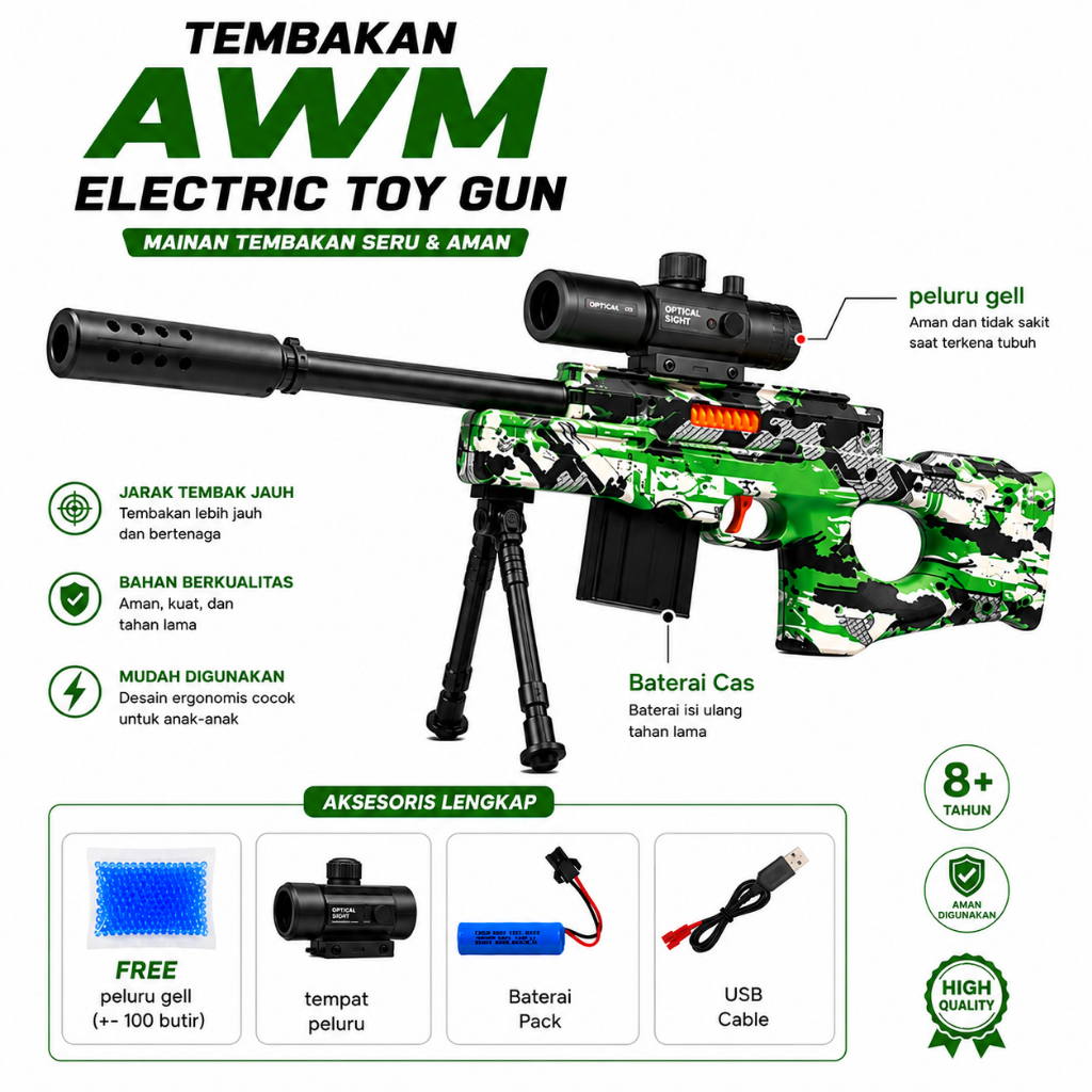Jual Mainan Tembakan Senapan AWM Elektrik Peluru Gel Baterai Cas ...