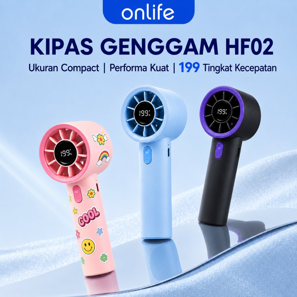 Onlife Kipas Angin Mini Portable 3000mAh 199 Speed Turbo Angin Kencang Digital Display Kipas Genggam