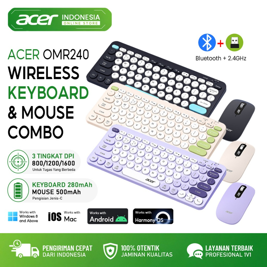 Acer OMR240 Wireless Keyboard & Mouse Combo Bluetooth & 2.4G Ergonomic Rechargeable Mouse untuk Komputer PC Laptop Win Mac