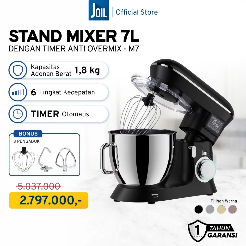 Joil Stand Mixer 7L Adonan Roti Kue 6 Kecepatan Timer Mangkuk Stainless - M7 - foto 1