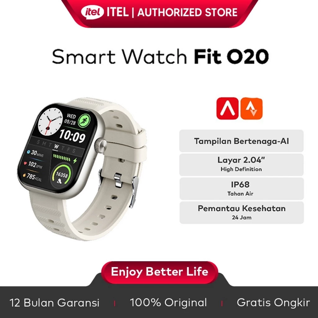 itel Smart Watch ISW-O20 AI Watch Face | Pemantau Kesehatan 24 Jam | Panggilan BT | Layar HD 2.04" | Tahan Air IP68