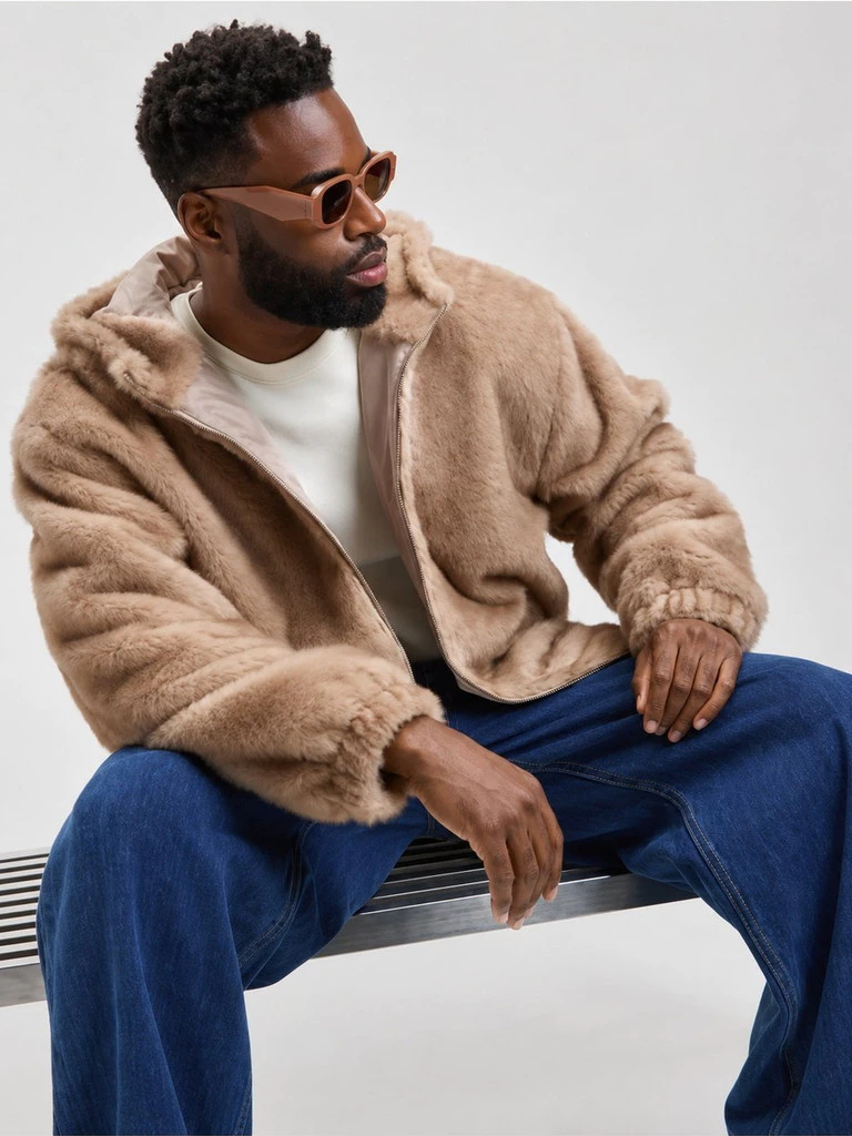 MO Men's Relaxed Fit Long Sleeve Zip Front Faux Fur Hoodie - 3152