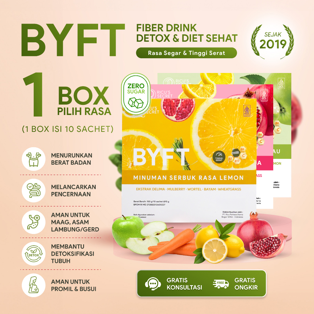 RICU'S SECRET BYFT Fiber Drink Rasa Lemon / Delima / Apel Hijau Minuman Diet Penurun Berat Badan & Detox (1 Box isi 10 Sachets)