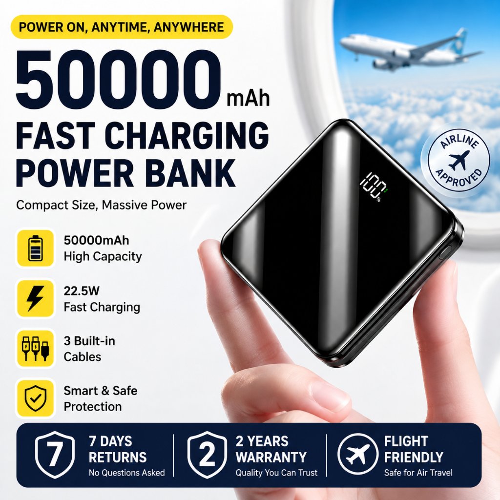 LENTIVEN Power Bank 50000mAh Mini Dual USB Type C Fast Charging 22.5W Portable LED Display Garansi 2 Tahun min2