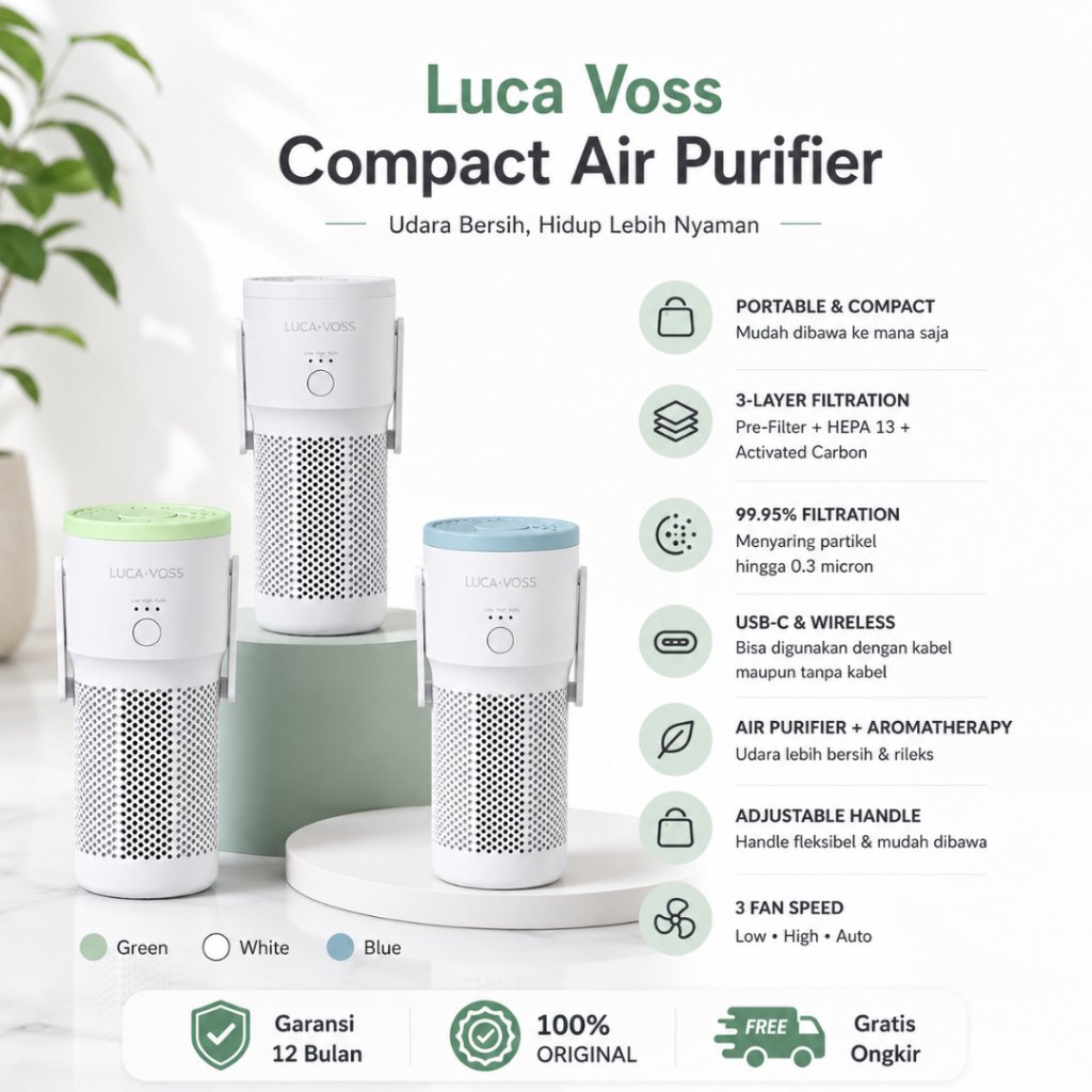 Luca Voss Portable Air Purifier | Pembersih Udara | Penyaring Udara | HEPA 13 | 3 Layer Filter | Aromatherapy mode