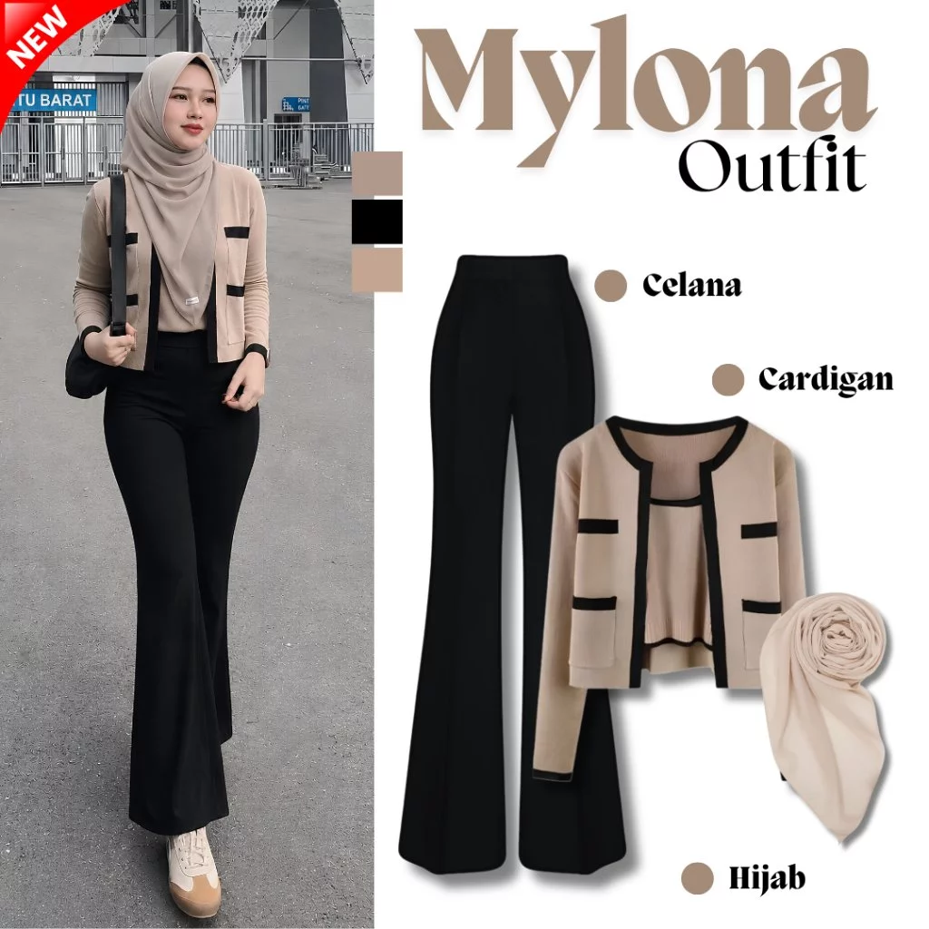 MYLONA Setelan Wanita Korean Style 3in1 Kekinian | Cardigan Toply Mocca + Celana Cutbray + Hijab | Outfit Ngopi/Cafe/Hangout || DC28