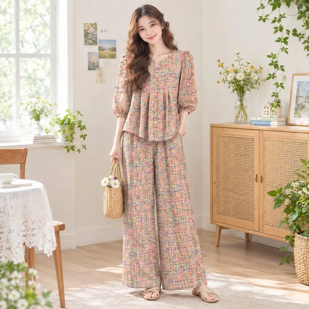 READY STOCK | FADFAD | Setelan Wanita 2in1 | Atasan Lengan Pendek Ruffle | Motif Kotak Pastel | Original By FADFAD | Celana Panjang Santai | Bahan Ringan Sejuk | Gaya Kasual Kekinian | OOTD Kuliah Hangout