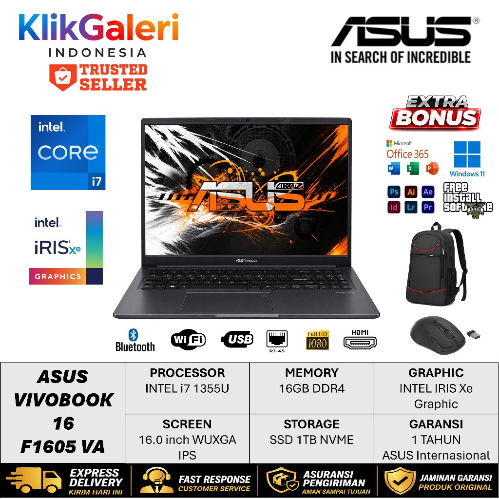 ASUS Vivobook 16 F1605VA Intel i7 1355U 16GB 1TB Ssd 16 Inch WUXGA Gen 13 Win11 Laptop Editing