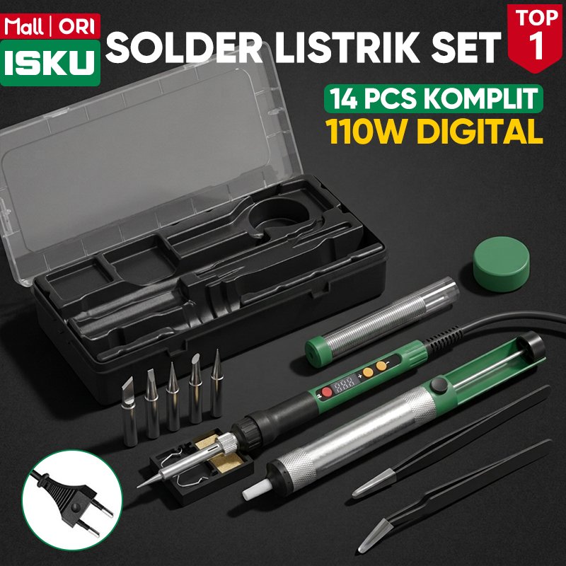 ISKU Solder Listrik Set 14 Pcs 110W Digital Cepat Panas Suhu 180-500C Soldering Iron Kit 5 Mata Solder Penyedot Timah Rosin Pinset Anti Statis Dudukan Spons Alat Patri Pemanas Timah Service HP Elektronik PCB Hardcase