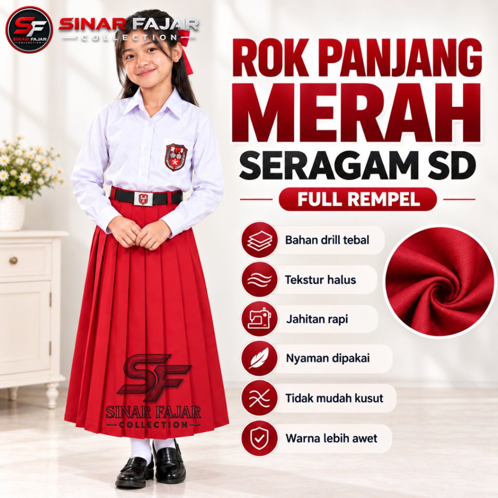 Jual Rok Panjang SD Merah Full Rempel Bahan Drill Premium Seragam ...
