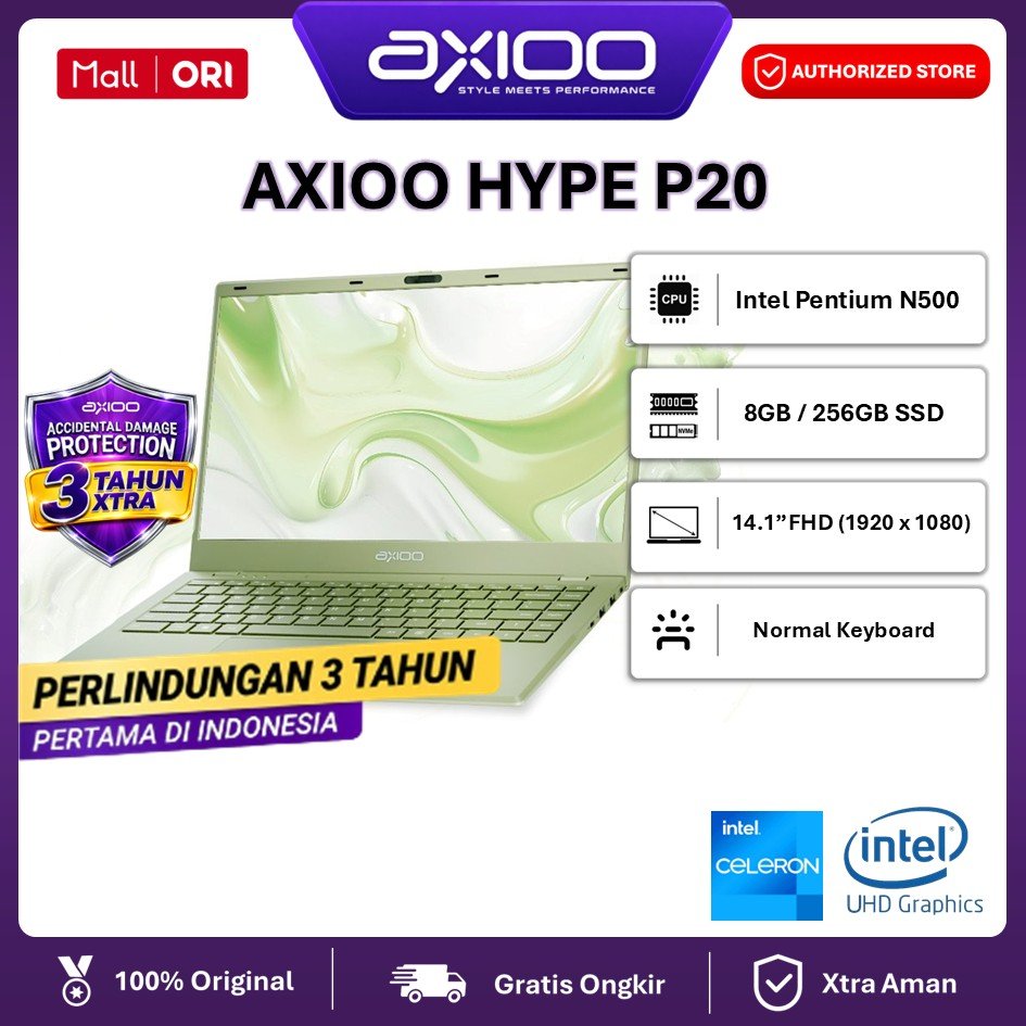 Laptop AXIOO HYPE P20 PENTIUM N5000 RAM 8GB SSD 256GB OS:DOS LAYAR 14.1"FHD IPS WARNA MATCHA, ROSE, COKLAT DAN HITAM
