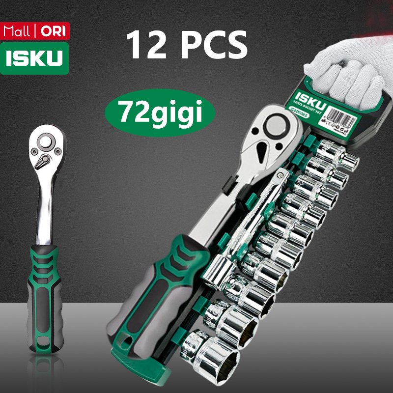 ISKU Kunci Sok Set 12 Pcs 1/2 Dan 1/4 Inch Gagang Ratchet Wrench 72 Gigi 24 Gigi Kunci Pasok CRV Alat Bengkel Motor Mobil Buka Baut Mesin Roda Socket Wrench Sambungan Extension Bar 100mm Perkakas Mekanik Rumah Tangga Anti Slek Torsi Besar Awet