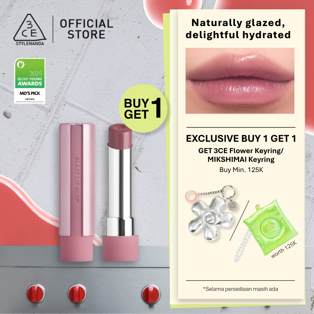 3CE OFFICIAL Glazy Lip Glow - Tinted Lip Balm Lembab Instant Hydration Tahan Lama Nyaman Seharian Juicy Glow Kilau Sehat Tanpa Lengket dan Berminyak