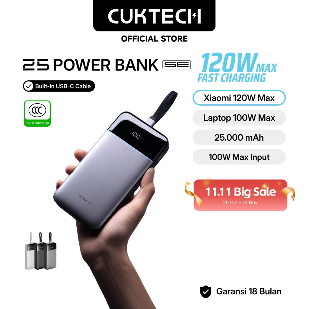 [CCC Certified] CUKTECH Powerbank 120W Max 25000mAh PD3.0 Fast Charging Smart Display Type C, Support Xiaomi 120W Laptop 100W Samsung 45W iPhone 16/15/14 - 25 SE Power Bank