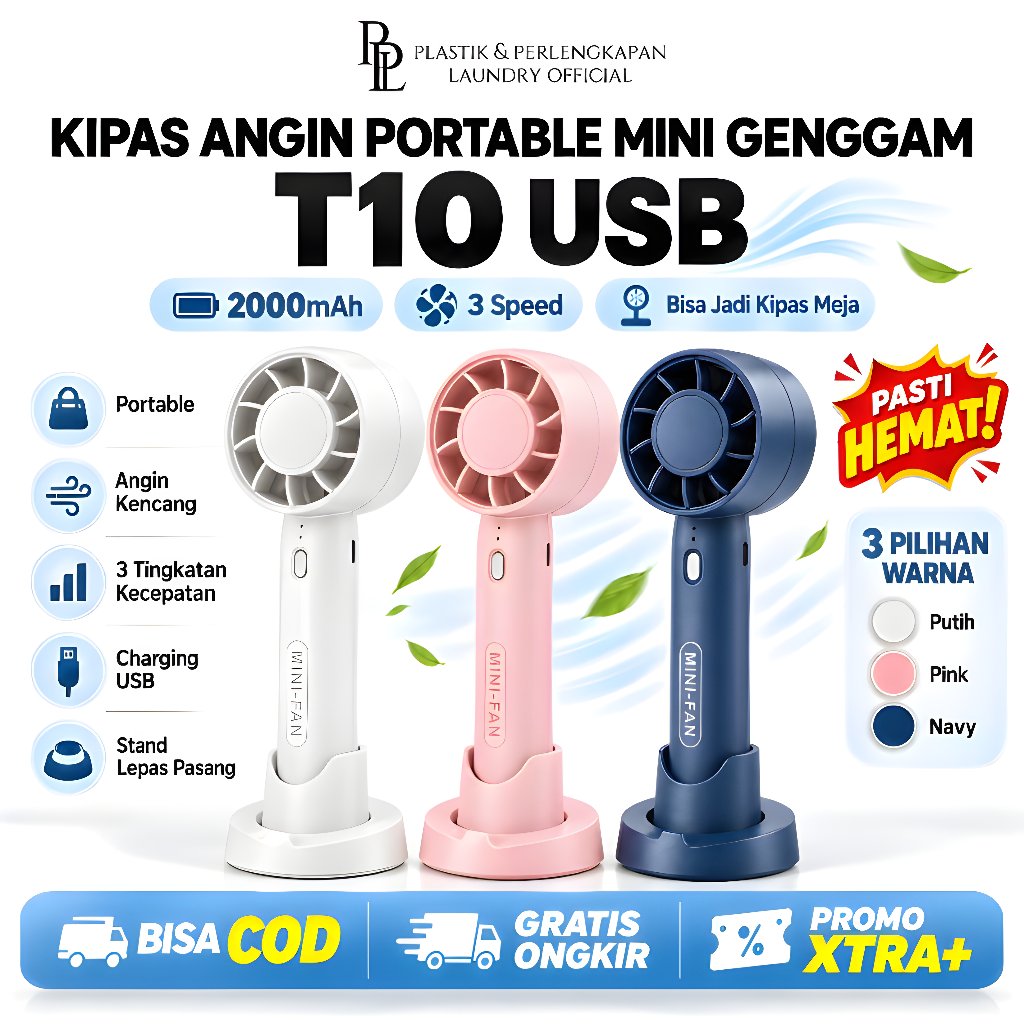 Kipas Angin Mini Portable T10 Turbo Fan 2000mAh USB Rechargeable 3 Speed Genggam Meja -PPL.Official