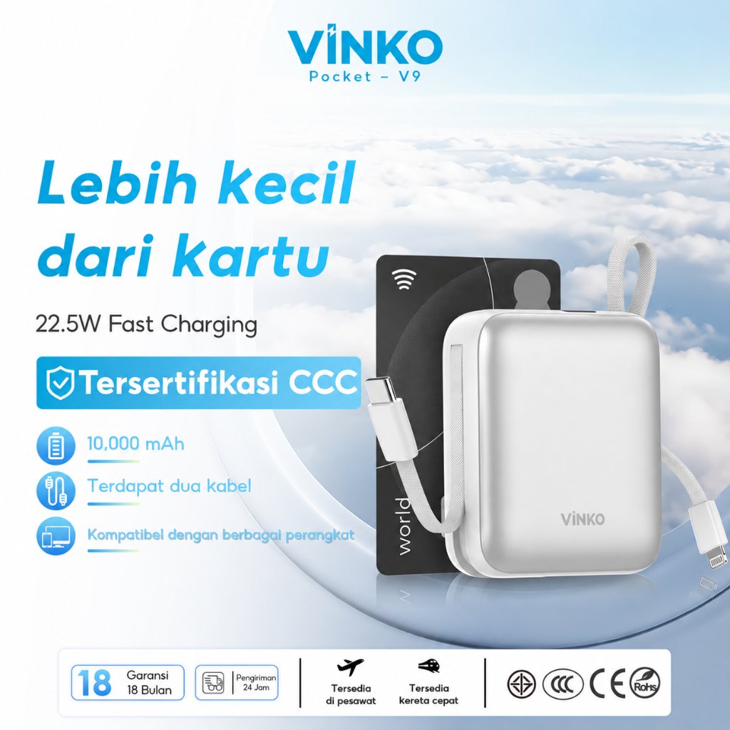 [Tersertifikasi CCC] VINKO V9/V10 Pocket Powerbank 10000mAh 22.5W Fast Charging PD 3.0 Power bank With C+L Cable untuk iPhone Seri 18 dan Android aman di pesawat