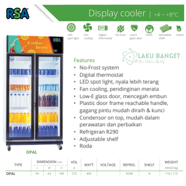 Jual Display Cooler 575 Liters 2 Doors RSA OPAL / Kulkas Showcase 2 ...