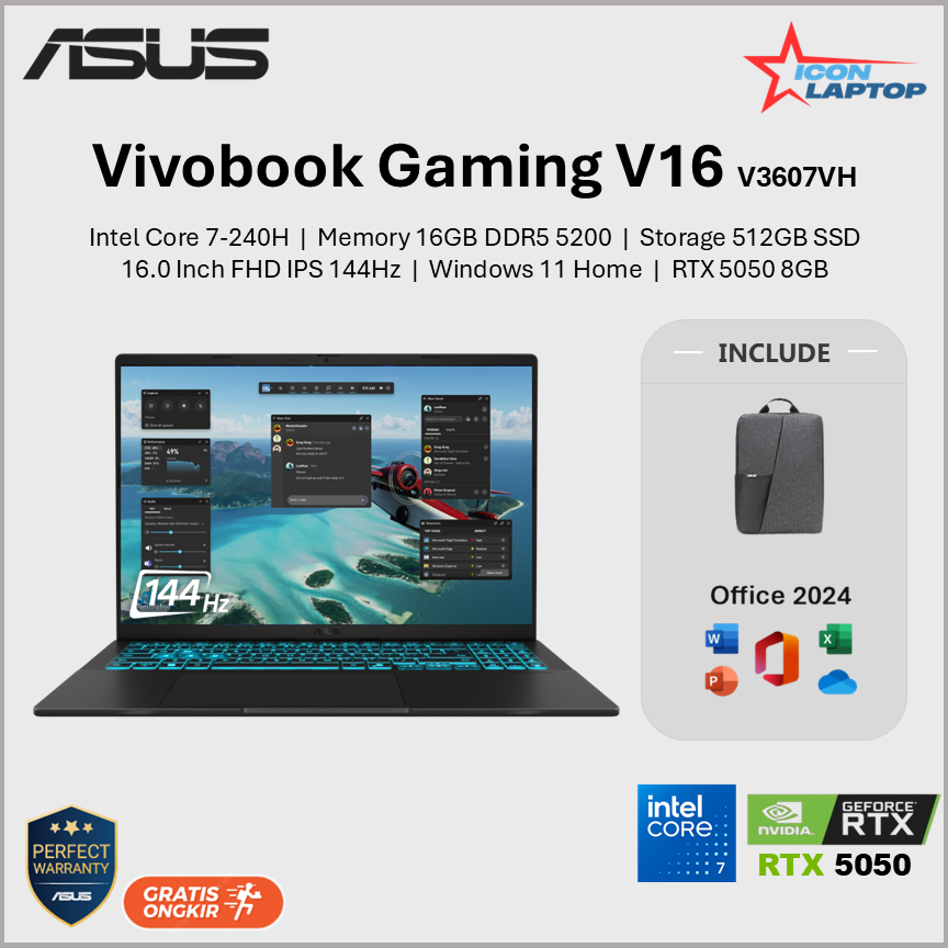 ASUS V16 V3607VH-RP01 - Intel I7, RTX 5050, Écran 144Hz - Ouvert Jamais Utilisé