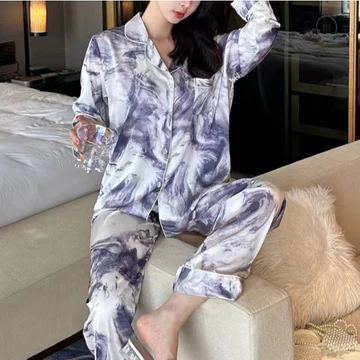 PP PAJAMAS Long Ice Silk Satin Korea Jepang Elegan Piyama Mewah Baju Tidur Kancing Depan Lengan