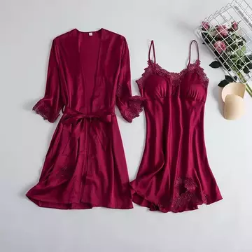 Baju Tidur Kimono Satin Renda Wanita Sexy Polos Piyama Kimono Modis 2 In 1