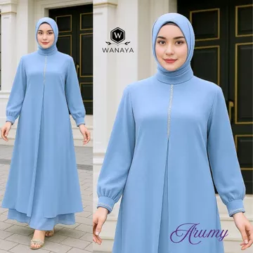 Arumy Gamis Trendy Muslim Model Ceruty Babydoll Full Puring Payet Swarovski Simple Elegan