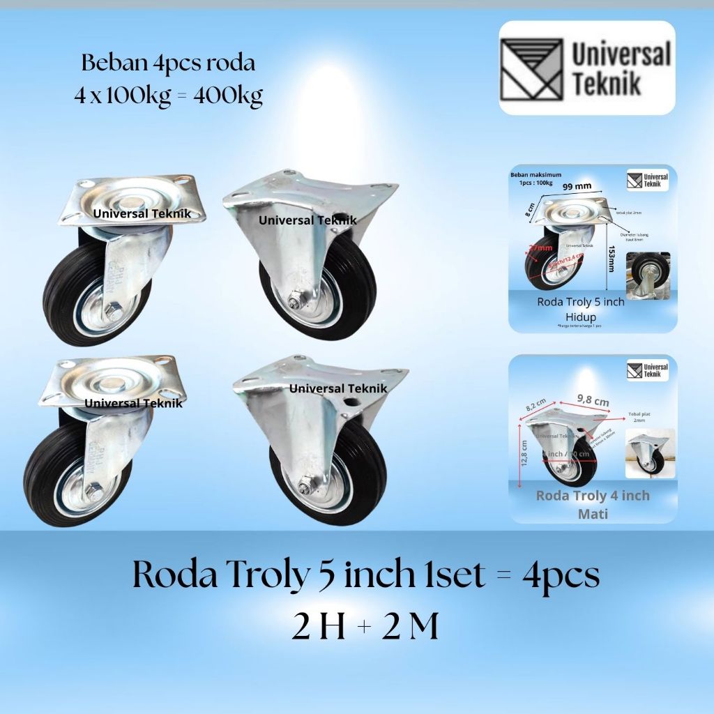 Jual Roda Troli karet 5 inch Troli trolley kastor 1set = 4pcs ( 2H+2M ...