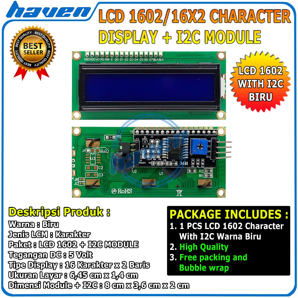 Jual LCD 1602 16x2 Character Blue Backlight + I2C Serial Interface ...