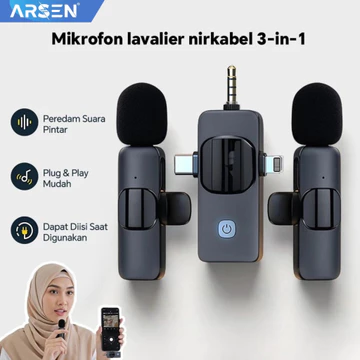 ARSEN Mic Wireless 3 In 1 Clip On Dual Microphone 3.5mm Noise Reduction Cocok Untuk Konten