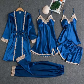 Pajamas Silk 5in1 Seserahan Set Sexy Kimono Renda Baju Tidur Impor 1 Set 5Pcs Satin Premium