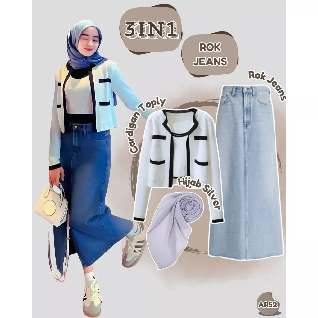 Gambar 4 Setelan Wanita Elegan 4in1 Cardigan + Celana + Belt + Hijab Outfit Kerja Kuliah OOTD Kekinian Classy AR52