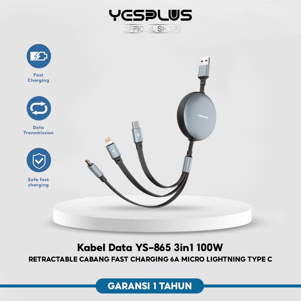 Jual YESPLUS Kabel Data YS-865 3in1 Retractable Cabang Fast Charging 6A ...