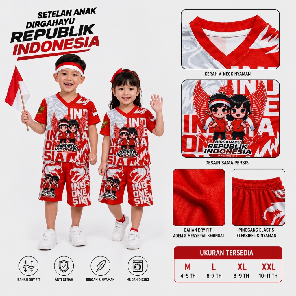 SETELAN ANAK 17 AGUSTUS 2026/ JERSEY SETELAN ANAK 17 AGUSTUS 2026/SETELAN ANAK KEMERDEKAAN HUT RI/ SETELAN ANAK MERAH PUTIH 17 AGUSTUS 2026
