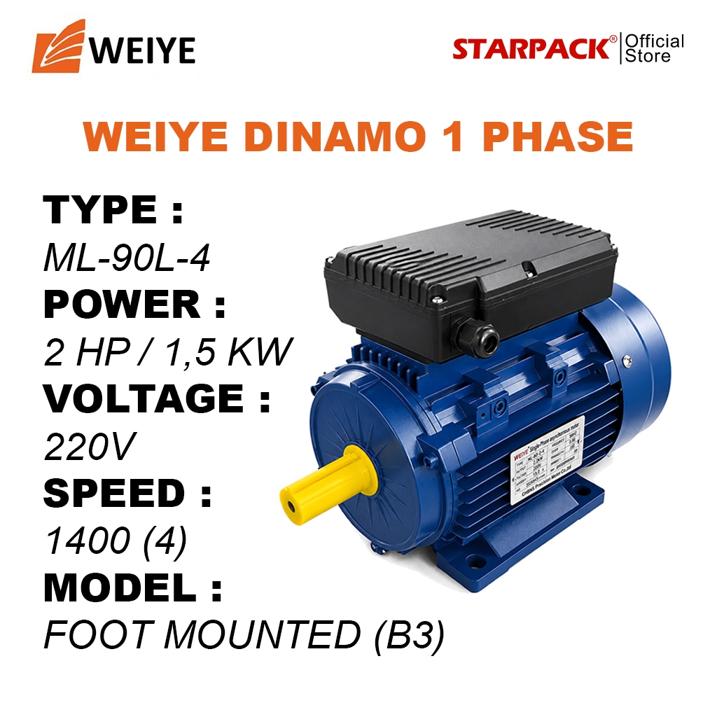 WEIYE Dinamo Listrik 2 HP / 1.5kW 1 Phase 1400 RPM Electric Motor 4 Pole B3